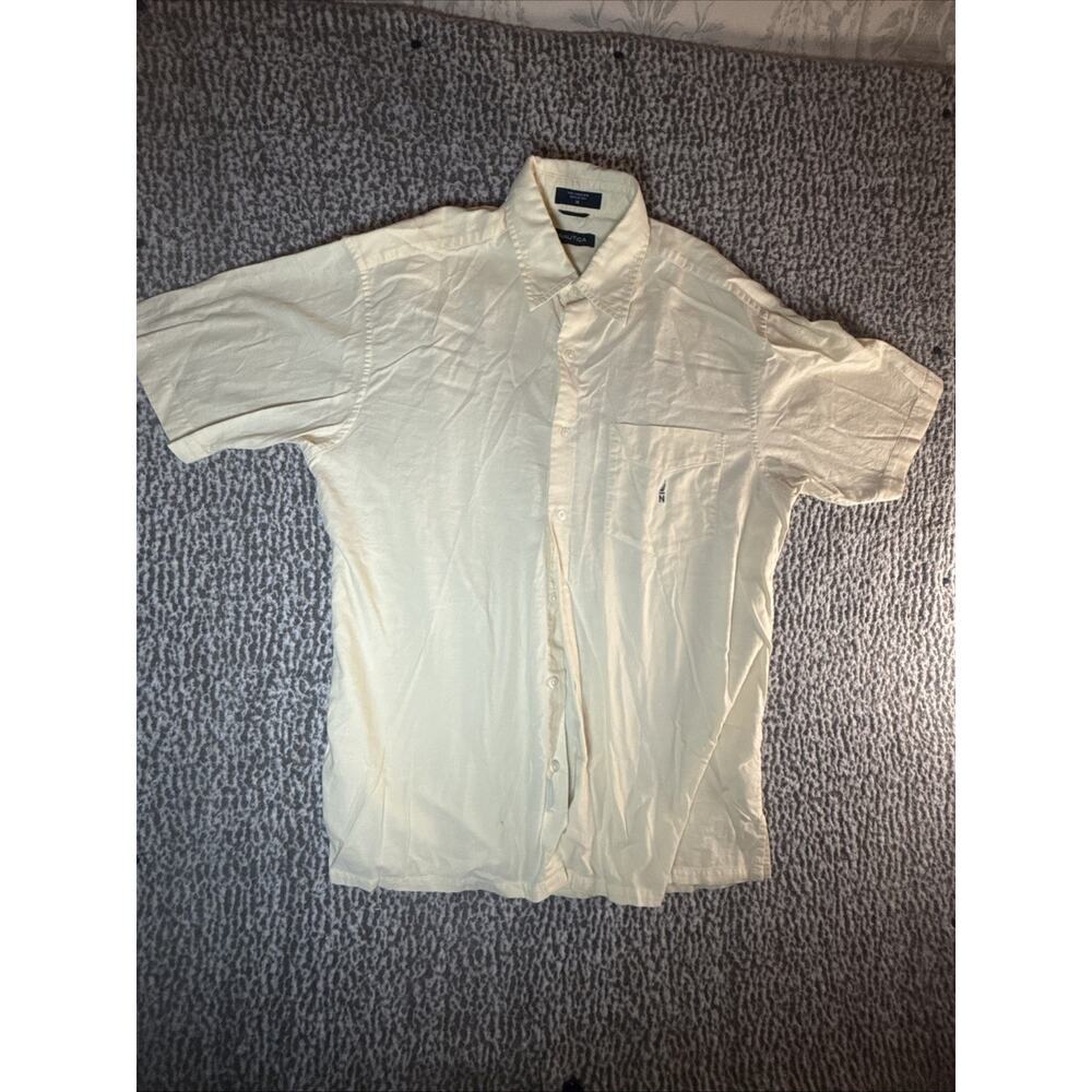 Mens Nautica Button Down Short Collar Dress Shirt, Light Yellow, Size Medium